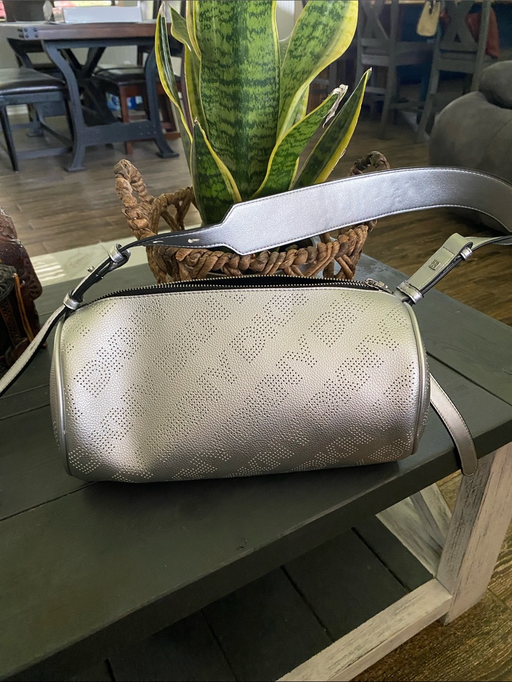 DKNY Metallic Silver Barrel Crossbody Bag